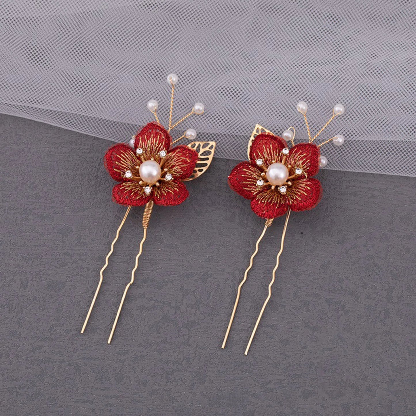 Red Floral Hair Comb Accessories Golden Pearl Hairpin Charm  Wedding Headpiece Bride  Hair Jewelry