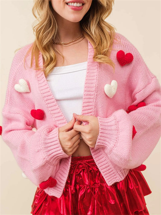 Valentine s Day Heart Print Knit Cardigan Sweater Long Sleeve Embroidered