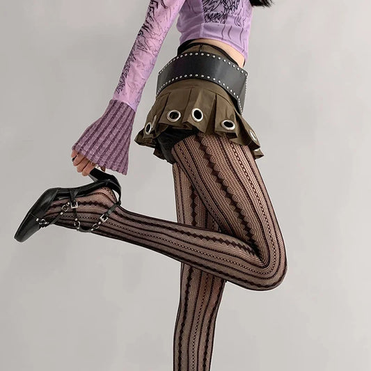 Women's Fishnet Tights Sexy Geometric Striped Pantyhose Rattan Mesh Lace Gothic Cute Seamless Fishnet Legging