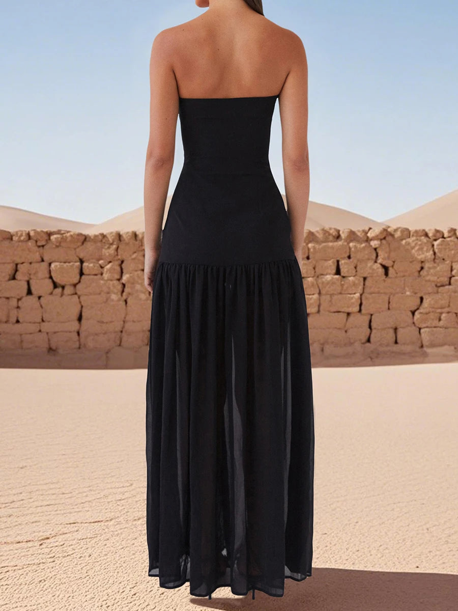 Elegant Off-Shoulder Maxi Dress with Side Slit Women s Solid Color Tube Dress for Summer Cocktail Party