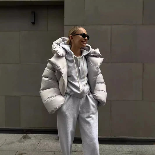 Hooded Jacket Thick Warm Solid Color Streetwear Zipper Loose Down Jacket