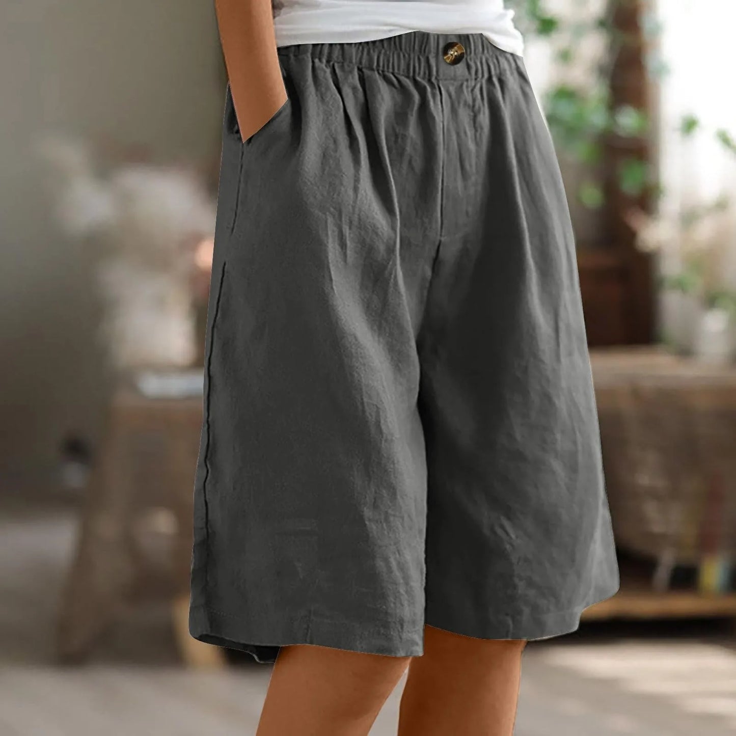 Women's Fashion Solid Color Shorts Pocket Button Up Capris Loose Elastic Waist Cotton Linen Shorts