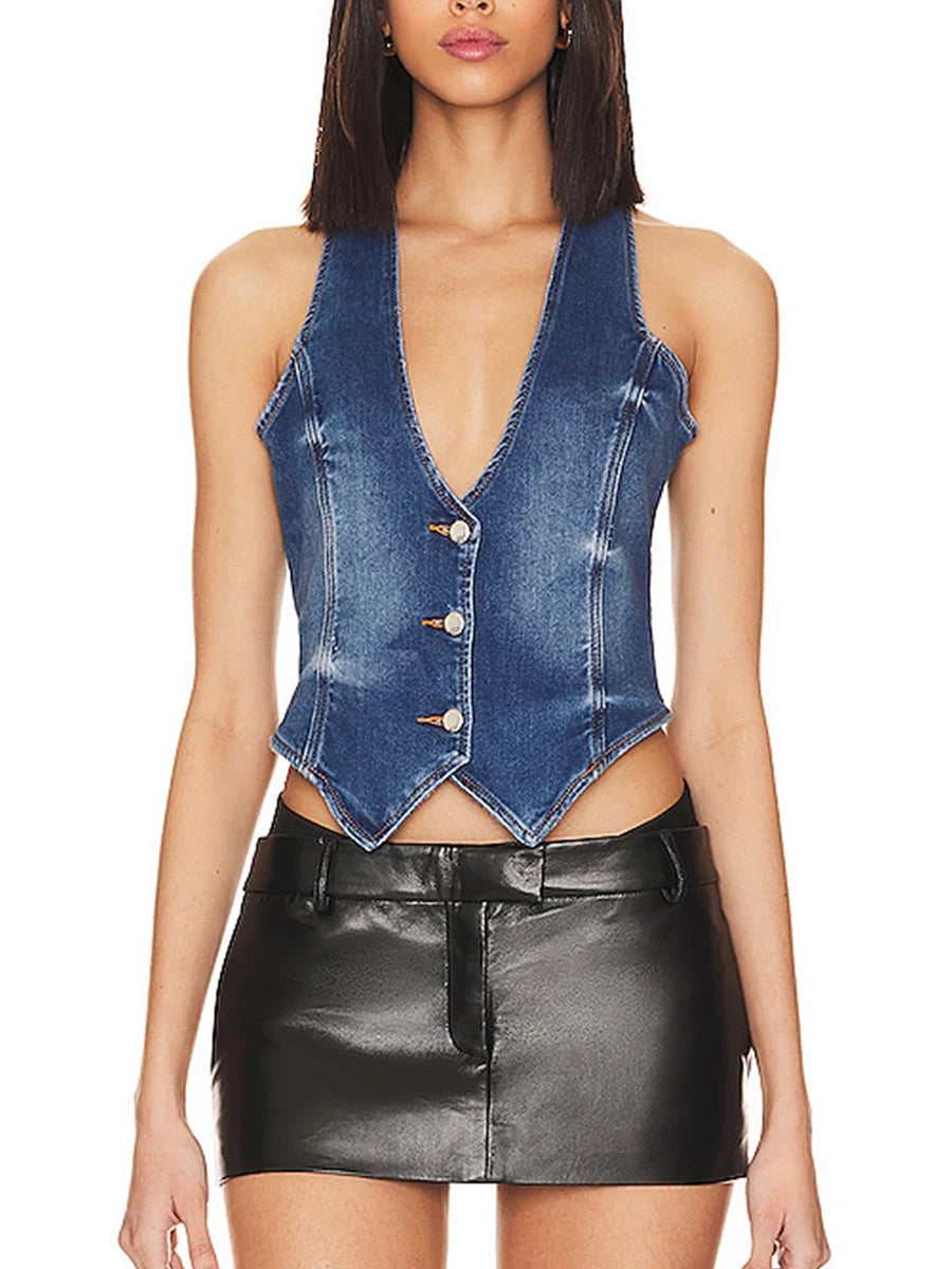 Women Fashion Denim Tank Tops Solid Color V-Neck Button-Down Sleeveless Vests Summer Asymmetrical Hem  Streetwear