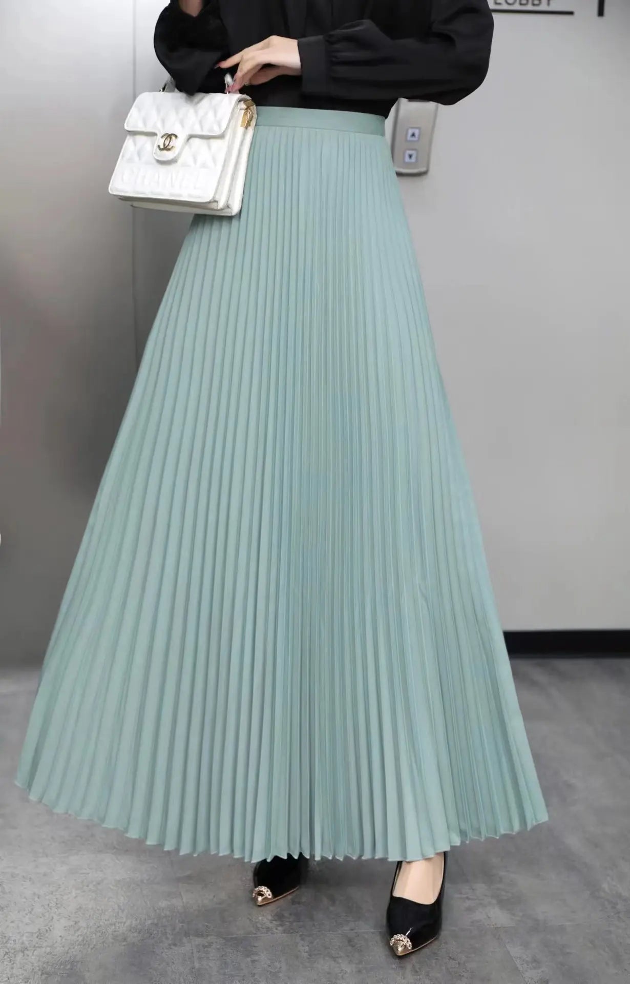 Elegant Pleated Skirt High Waist Women's Long Skirt Ladies High Quality Midi Skirt