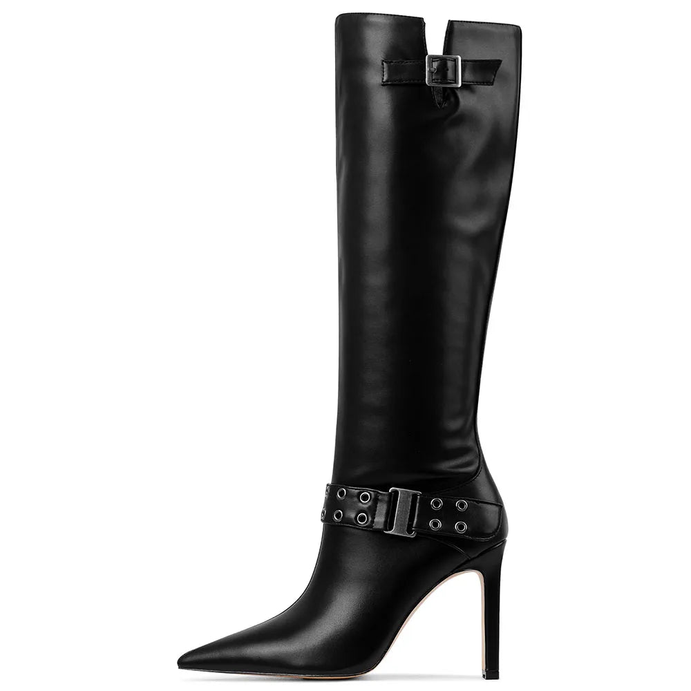 Sexy  Knee High Boots Buckle Rivet Design Pointed Toe Thin Heel Shoes