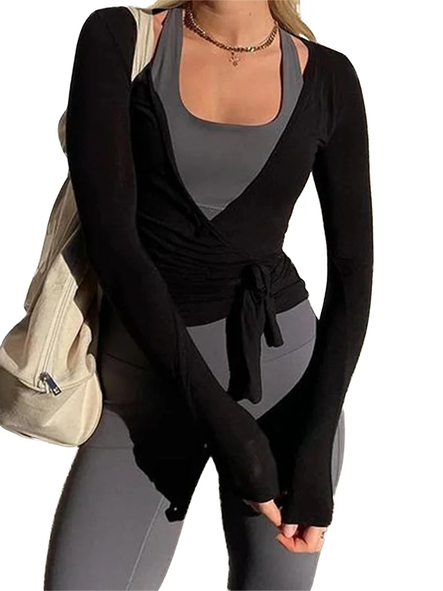 Elegant Women s Deep V Neck Cross Wrap Tie Top with Long Sleeves Solid Color