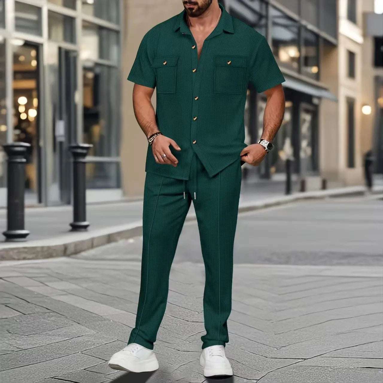 cross-border men's summer new solid color button-up pocket shirt short-sleeved trousers two-piece set