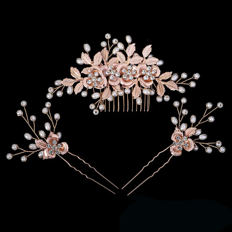 Luxury Pearls Flower Hair Comb Hair Pins Clips Set Cute Hair Fork Headpieces for Women Jewelry Gift Hair Accessory