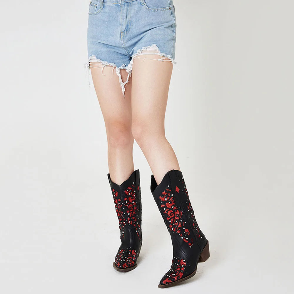 Rhinestone Western Mid-Calf Boots For Woman Block Mid Heel Pull-On Pointed Toe Hollow Out Retro Cowboy Boots
