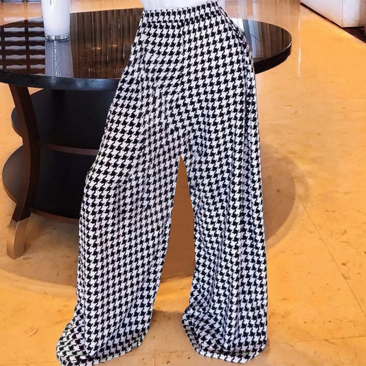 Trendy Clothing  Houndstooth Long Pants High Waisted Loose Wide Leg Woman Plaid Trousers