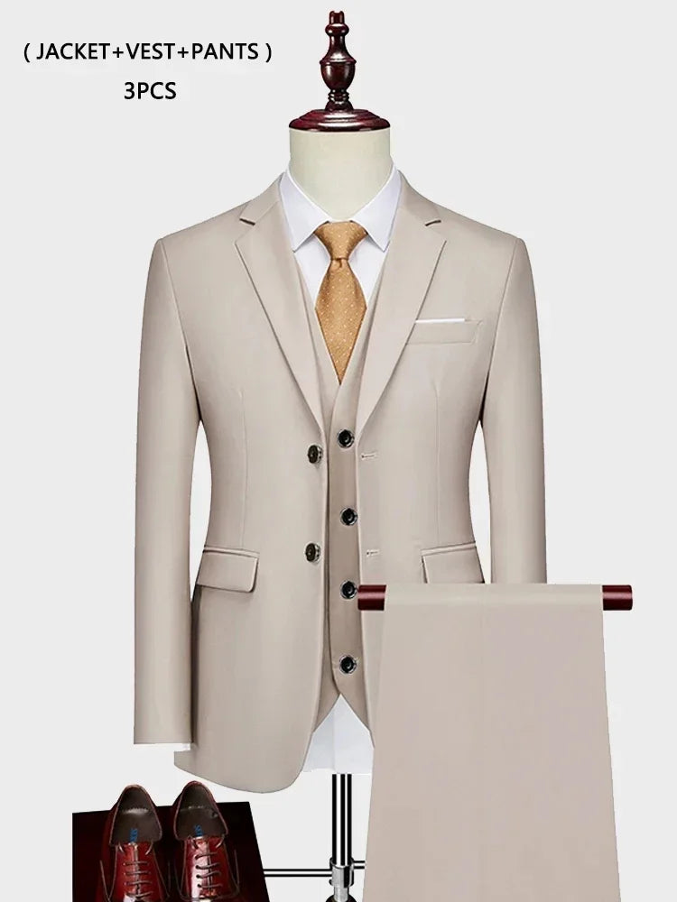 ( Jacket +Vest+ Pants ) Luxury Men's High-end Brand Solid Color Business Office Suit 3Pcs & 2Pcs Groom Wedding Party Suit Tuxedo