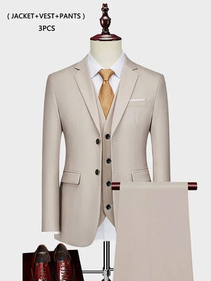 ( Jacket +Vest+ Pants ) Luxury Men's High-end Brand Solid Color Business Office Suit 3Pcs & 2Pcs Groom Wedding Party Suit Tuxedo