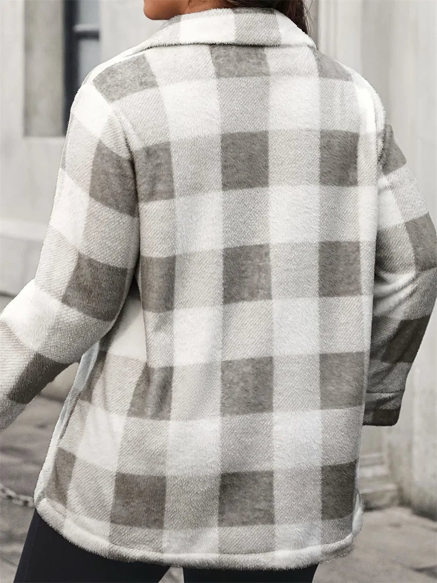 Plaid Coat Stylish Long Sleeve Turn-down Collar Button Closure