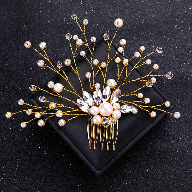 Gold Color Crystal Pearl Hair Comb Headband For Women Bride Party Bridal Wedding Hair Accessories Jewelry Comb Headband