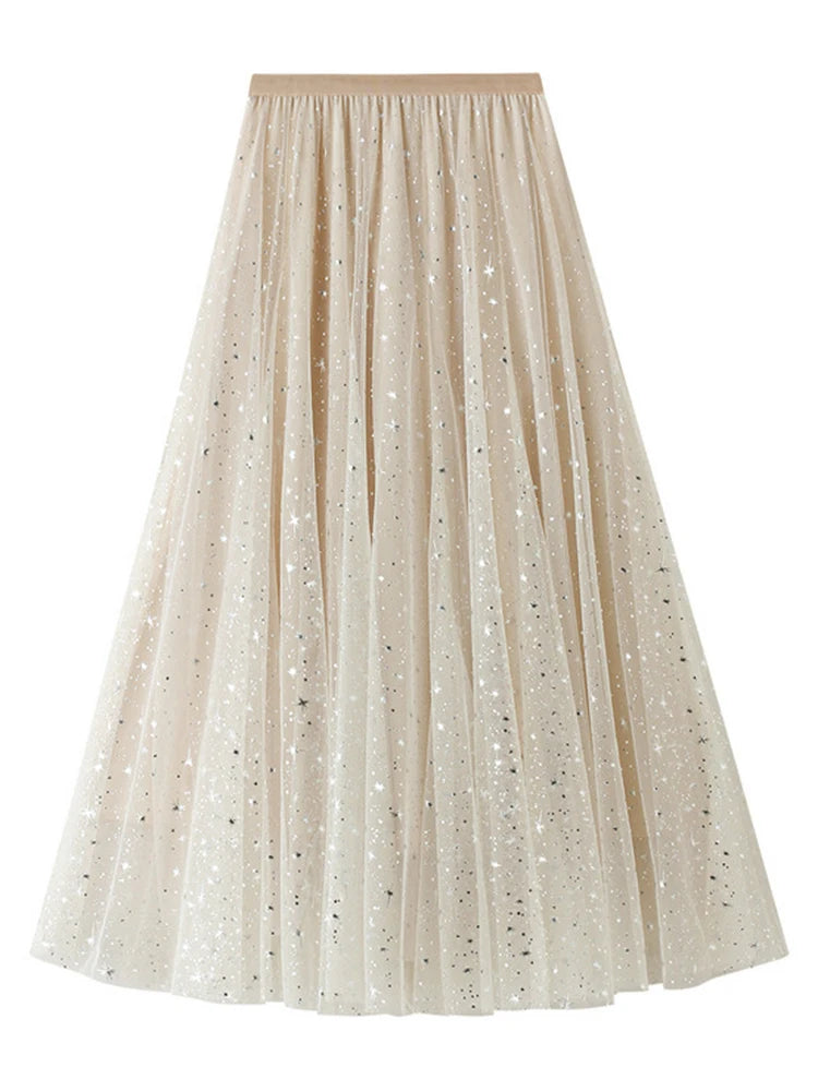 Sequin Star Gauze Skirt High Elastic Waist