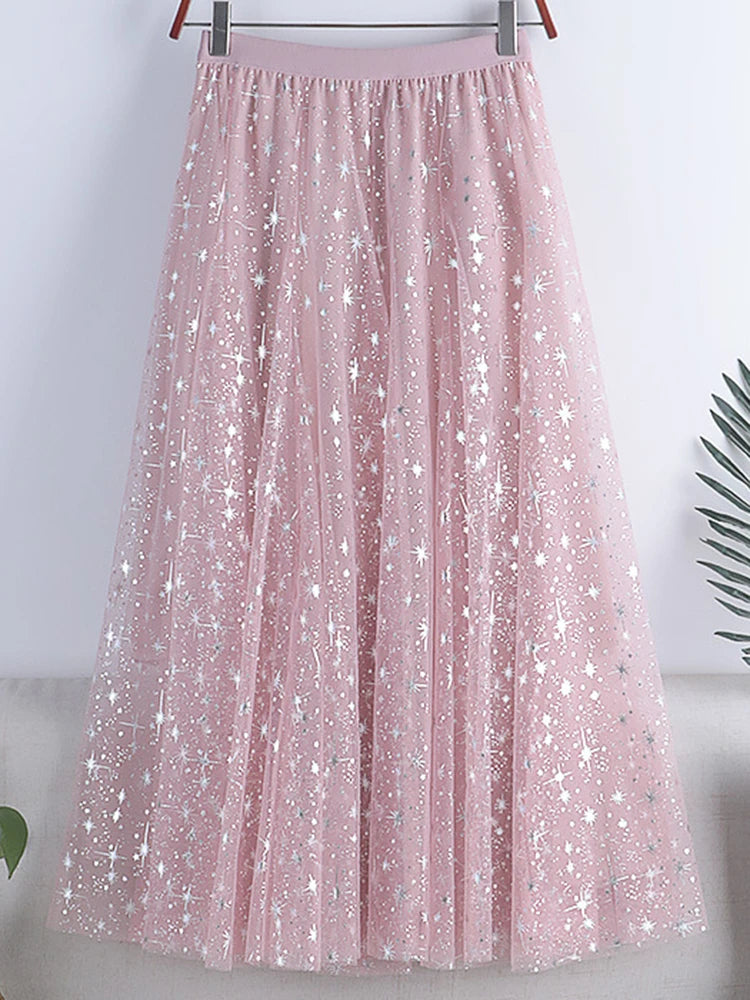 Sequin Star Gauze Skirt High Elastic Waist