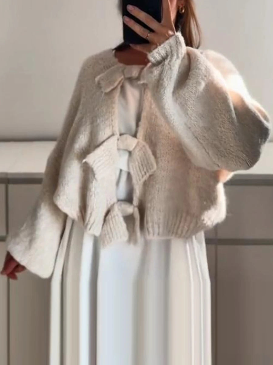 Sweater Knitted Cardigan Elegant Long Lantern Sleeve Front Tie-up Sweaters Tops