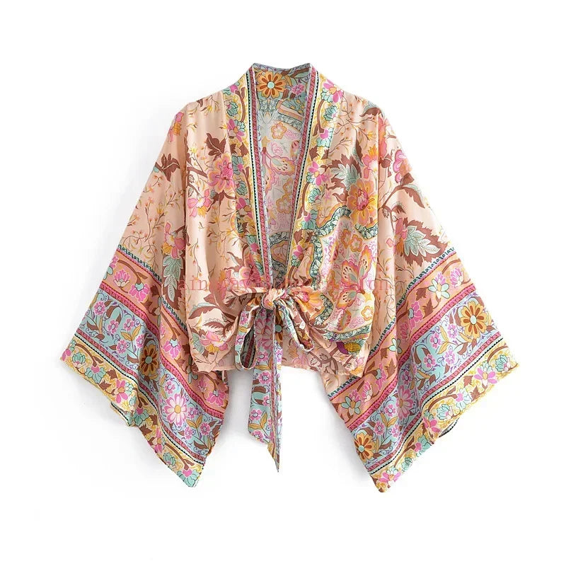 Hippie Queens Floral Print Sashes Short  Kimono Women Fashion V Neck Batwing Sleeves Lady Boho Bikini Cover-ups