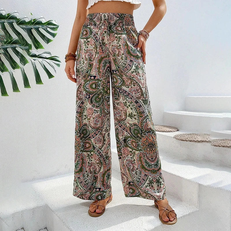 Summer Printing Wide Leg Pants for Women Straight Trouser  Fashion Elastic Waist Versatile Breathable