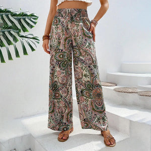 Summer Printing Wide Leg Pants for Women Straight Trouser  Fashion Elastic Waist Versatile Breathable