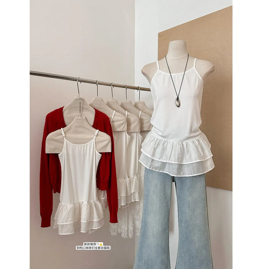 White Camisole Top for Women with Ruffle Double-layer Skirt Women Sleeveless Tank Top Splicing Slimming Strapless Base Vest Tee