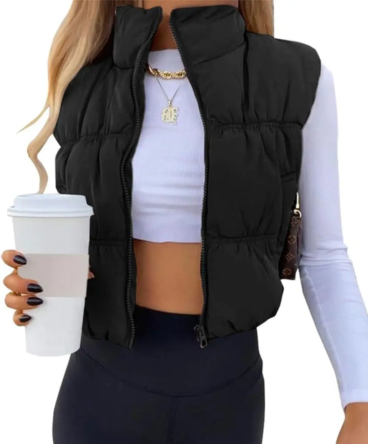 Sleeveless Cardigan  Solid Color Stand Collar Vest Short Jacket Zip Up Lightweight Waistcoat