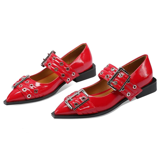 Flats Pointed Toe Buckle Strap Chunky Low Heel