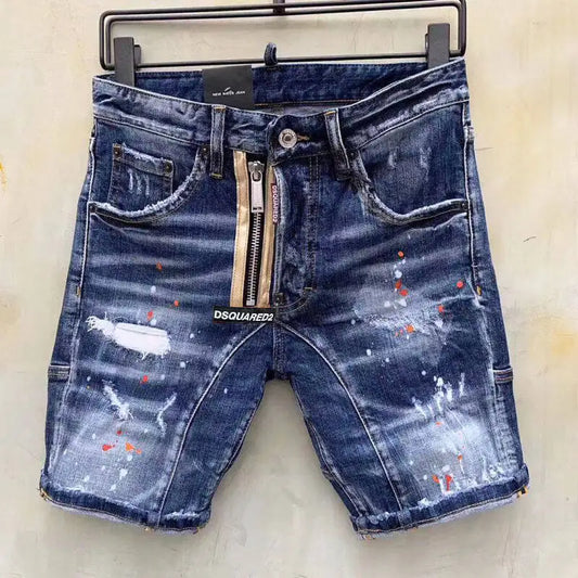 European and American Shorts with Gold Leather Strip Zipper Decoration, Holes, White Primer, Fashionable Unisex