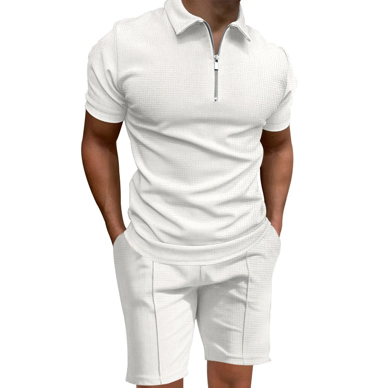 Cross border men's polo shirt set solid color waffle short sleeve slim lapel t-shirt casual men's shorts set