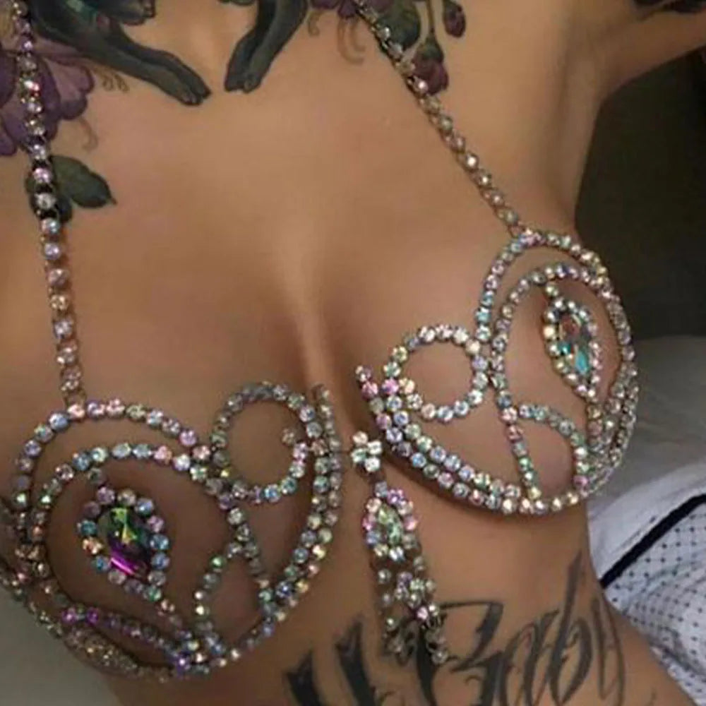 Semicircle Crystal Bikini Top Chest Bracket Tassel Body Chain Curved Rhinestone Lingerie Bra  Breast Jewelry
