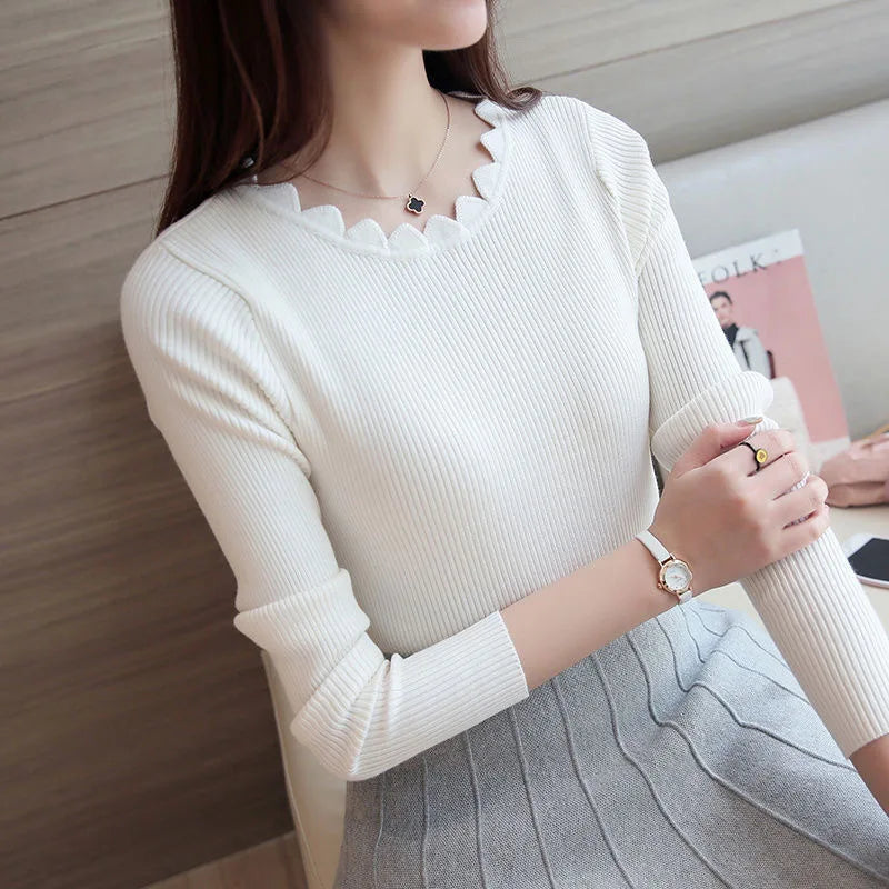 Fashion Long Sleeve Elegant O-neck Women Sweater Autumn Solid  Knitted Tops Winter Casual Pullover Jumper