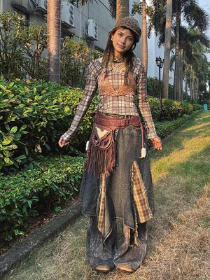 Denim Blue Ombre Asymmetrical Skirt  Retro Tartan Plaid Stitch Maxi Long Overlay