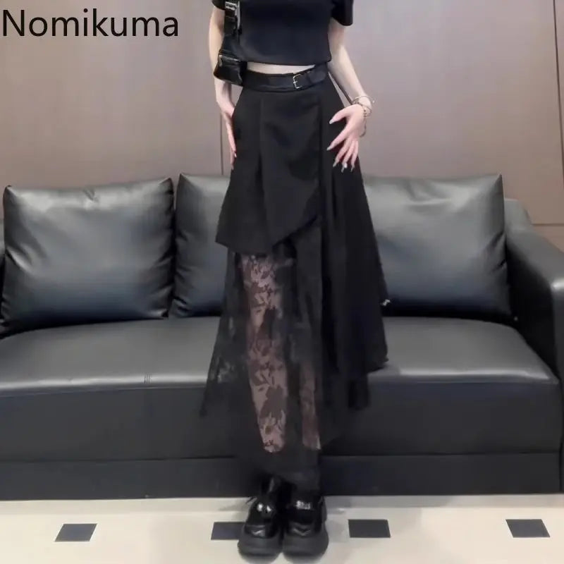 Long  High Waist  Lace Irregular A-line  Skirt