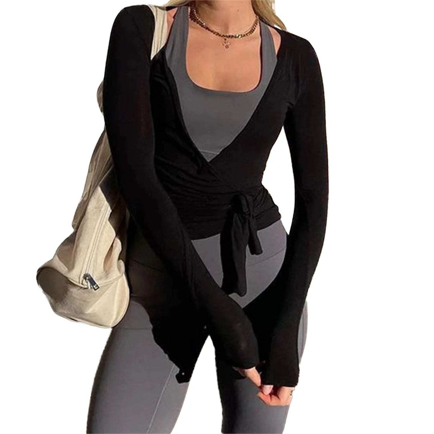 Elegant Women s Deep V Neck Cross Wrap Tie Top with Long Sleeves Solid Color