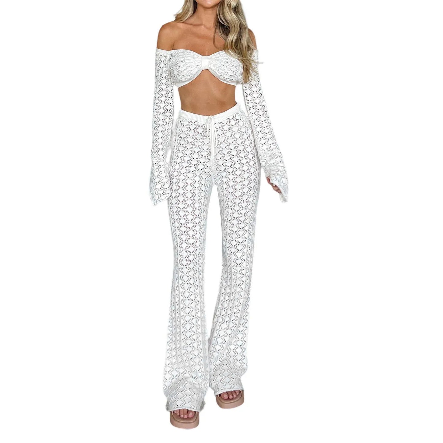 Women’s 2 Piece Casual Outfits Off Shoulder Crochet Crop Tops Pants Set Beachwear