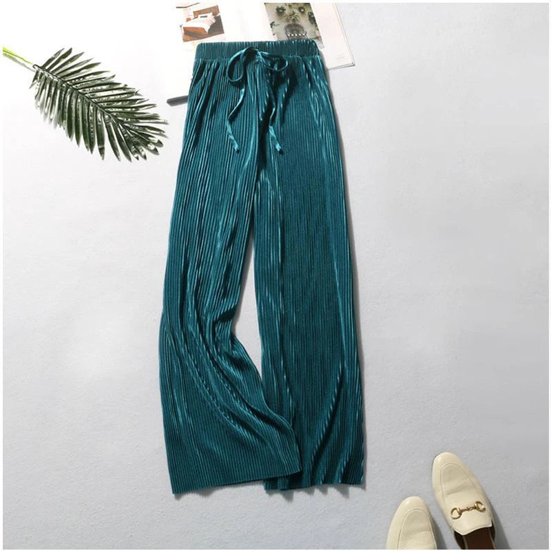Women's Fashion Summer Wide Leg Pants Pleated Ice Silk Trousers Elastic Waist Loose Casual Pants