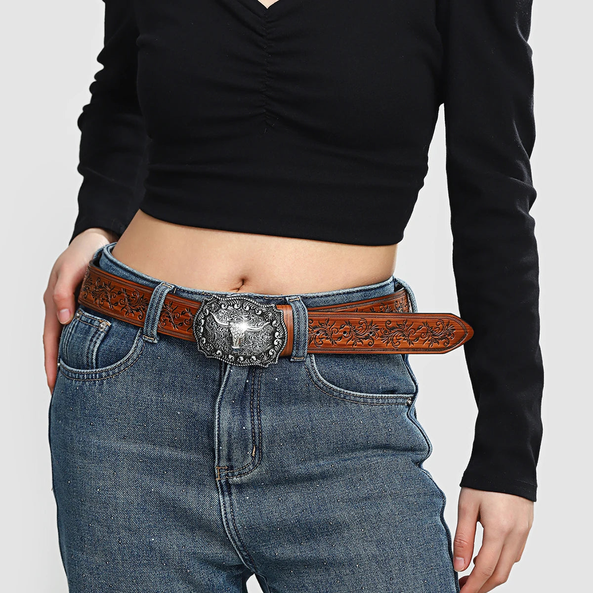 Vintage Turquoise Buckle Belt Classic Embossed Western Faux Leather Belt Vintage Denim Cowgirl Jeans Pants Belt for Women Daily