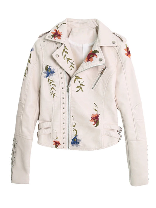 Floral Print Embroidery Faux Soft Leather Jacket Turn-down Collar Casual Pu