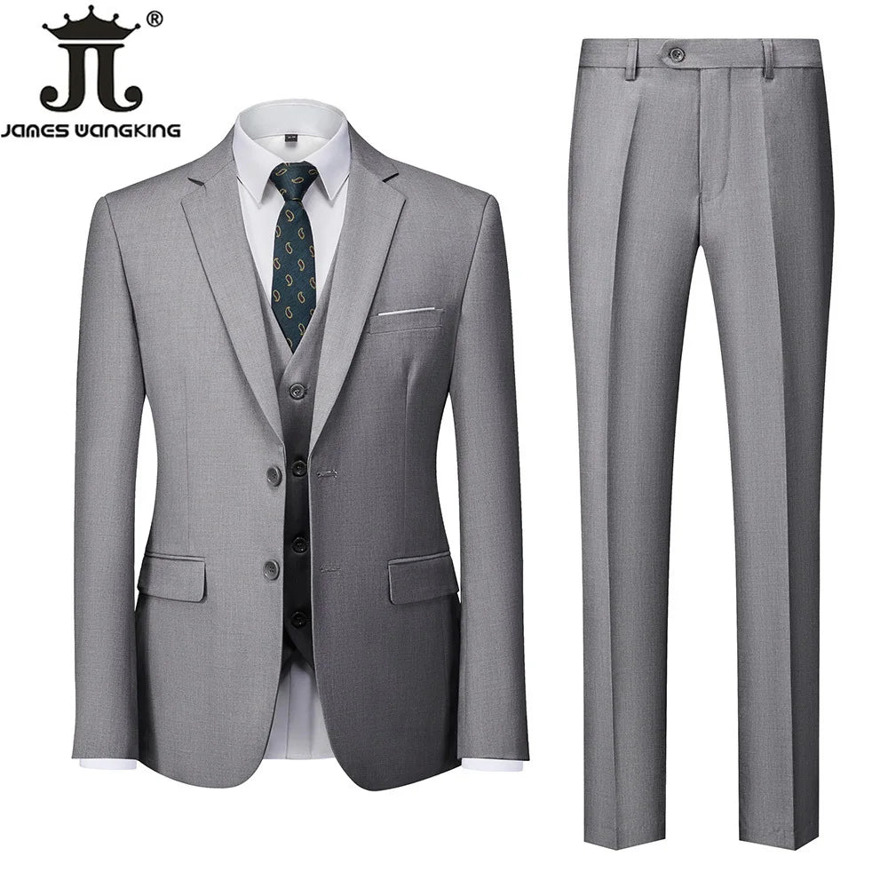 Jacket + Vest + Pants  Boutique Solid Color Men's Official Business Suit Bride's Wedding Dress Party Male Suit
