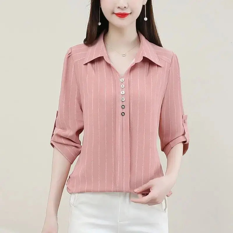 Spring Summer  3/4 Sleeve Loose Polo Neck Striped Button Shirt Vintage