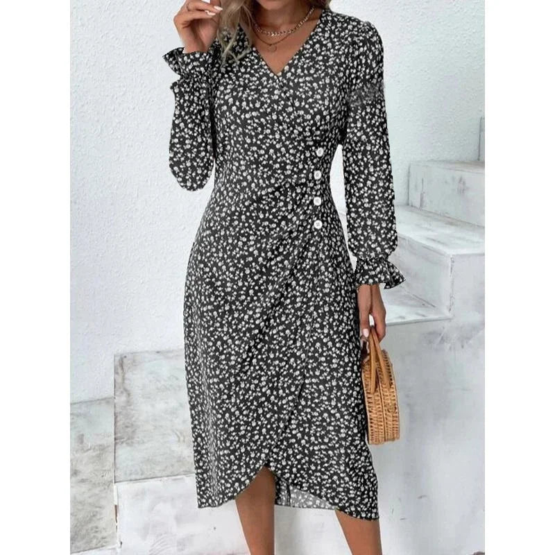 Elegant Floral Pleated H shaped Midi Dress Female V Neck Puff Sleeve Waist Ruched Button Dresses Women Summer Dress