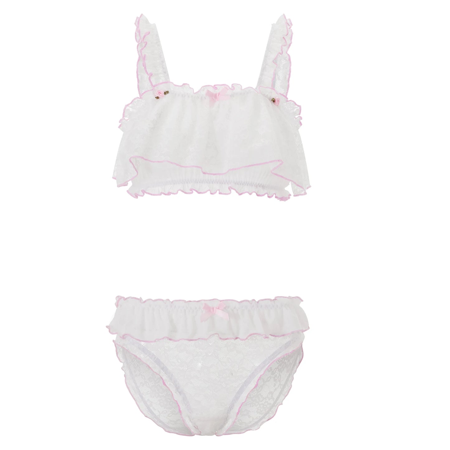 Lace Lingerie Set with Bow Detail and  Panties Sheer Nightgown with Colorful Trim and Frilly Bra