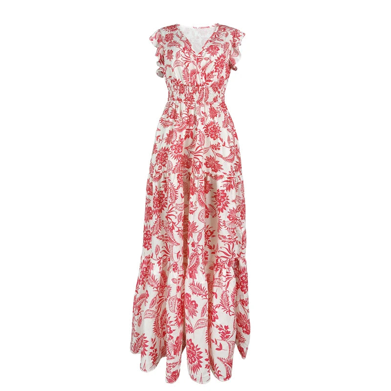 Fashion Floral Dress Casual V-neck Sleeveless Ruffles Tighten The Waist Slimming Elegant Bohemian Floral Women's Dress