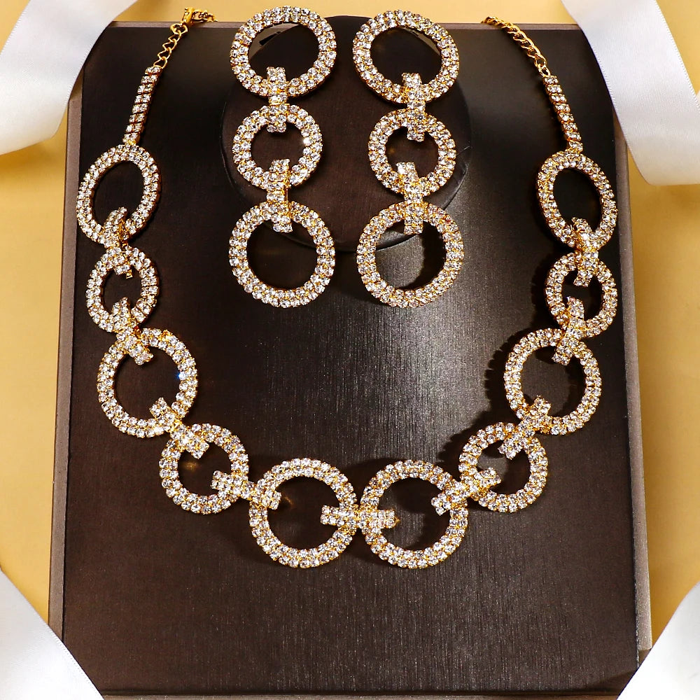 Hollow Crystal Round Necklace Earrings Set  Rhinestone  Jewelry Sets