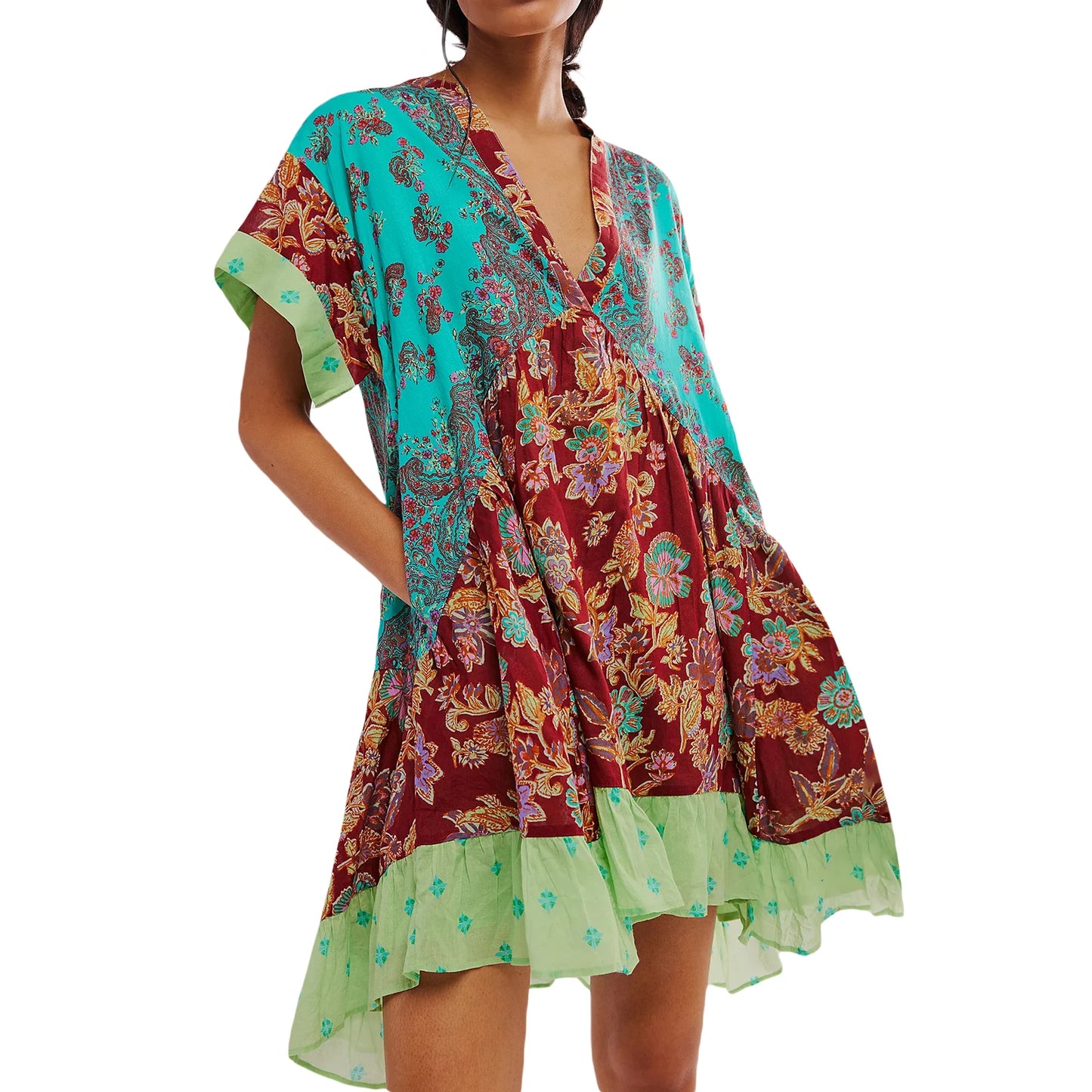 Women s Sleeveless Dress with Ruffle Hem in Tropical Print Summer Boho Beach Dress with Pockets