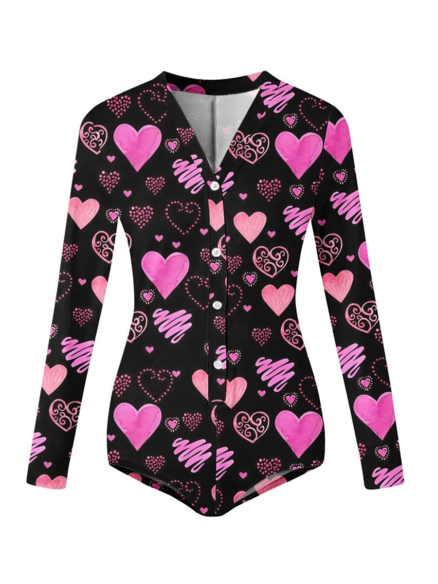 Women’s Long Sleeve Valentine Day Jumpsuit Bodycon V Neck Lip Print Button Down Short Romper Indoor Sleepwear