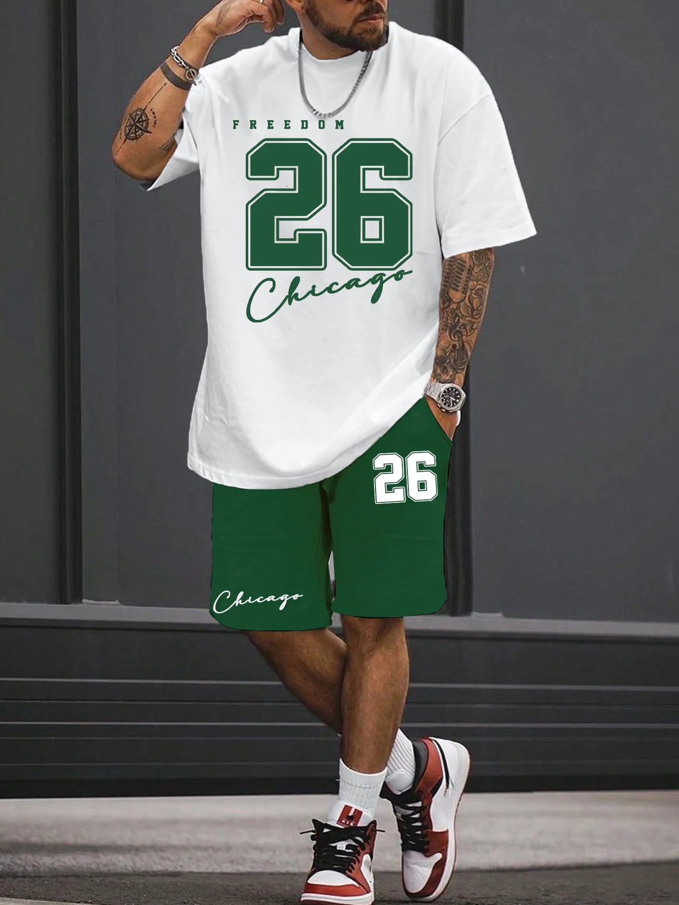 summer men's T-shirt shorts set number print short sleeved round neck T-shirt summer casual outdoor comfortable