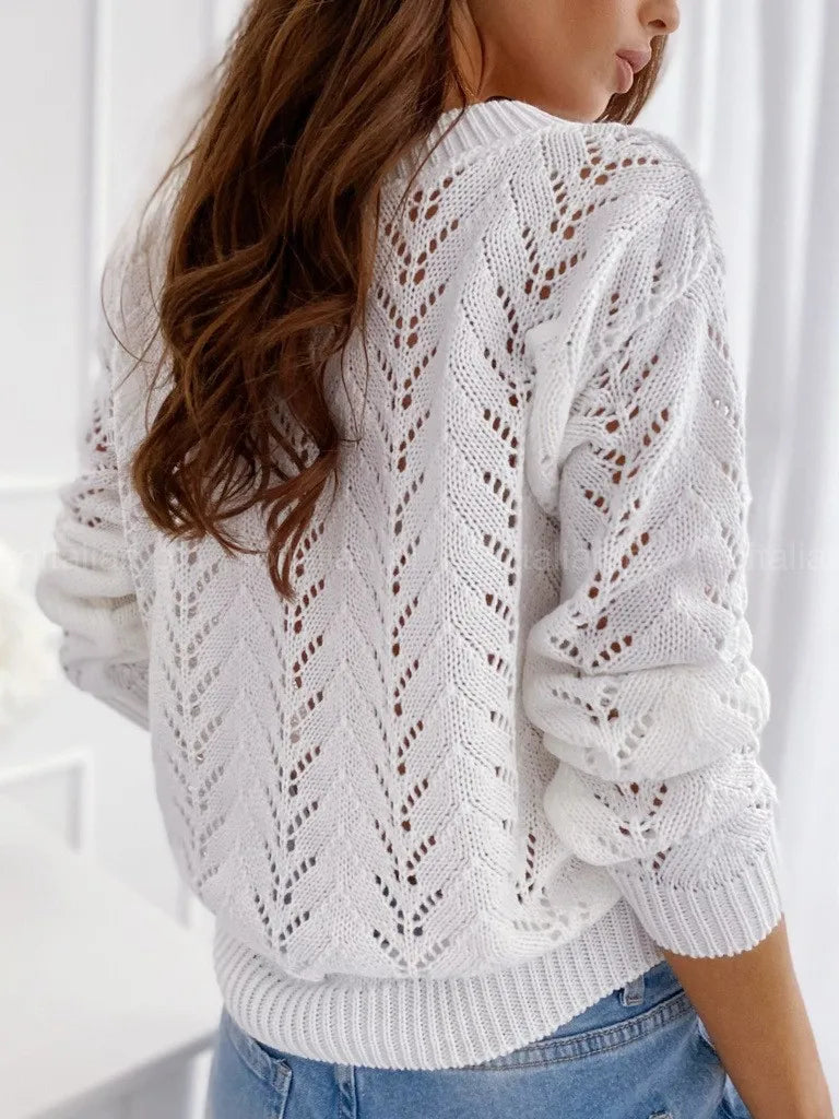 Europe and the United States cross-border autumn solid color  cutout V-neck casual knitwear sweater