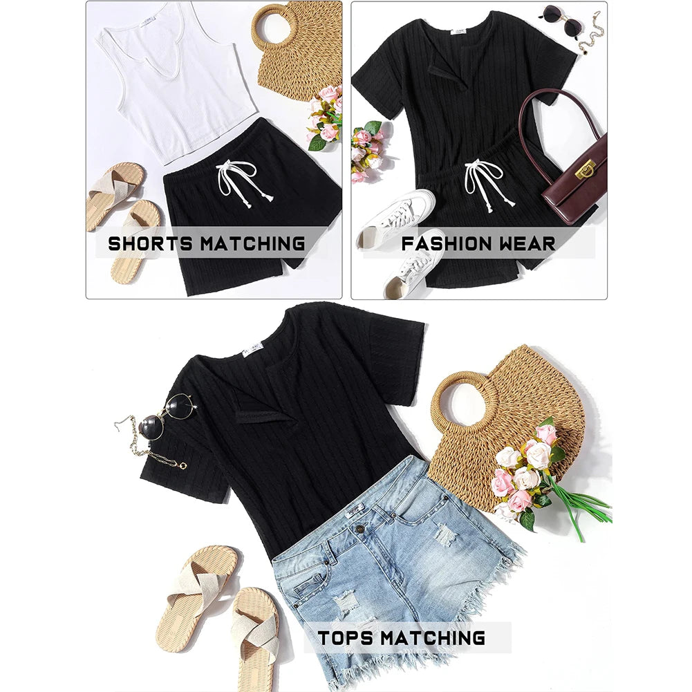 V Neck Short Sleeve Top Short Pants Women 2 Piece Lounge Sets Solid Color Drawstring Waist with Pockets