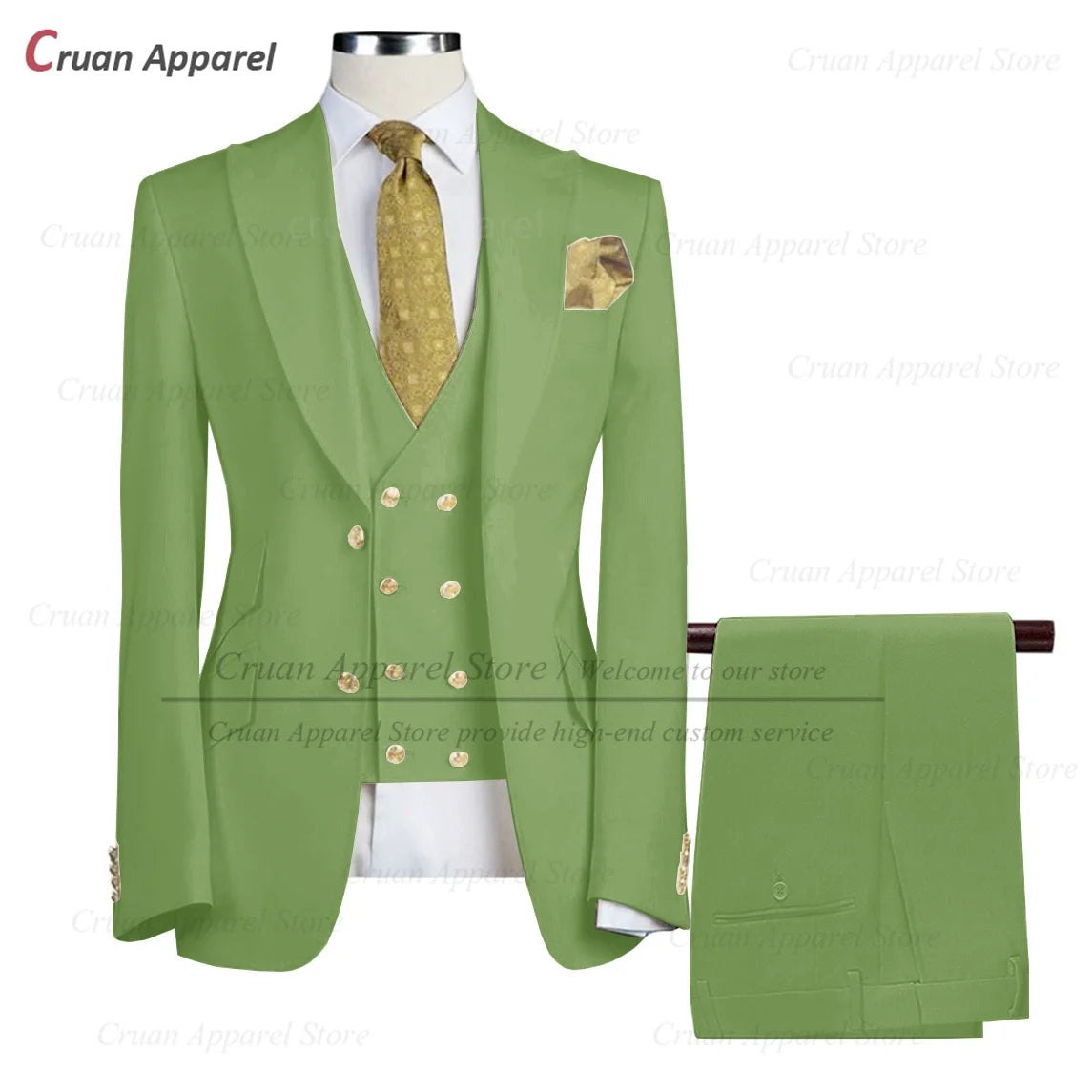 Tailor-made Brand Suits for Men Slim fit Prom Wedding Groom Tuxedo Set Party Gold Buttons Blazer Vest Pants 3 Pieces